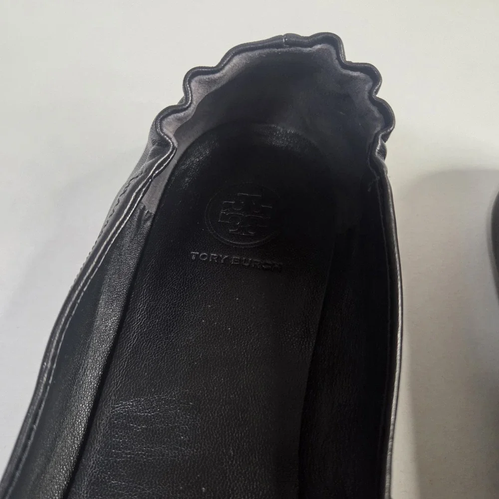 Tory Burch Minnie Travel Ballet Flats Black Leather Gold Logo Size 9.5 Women's
